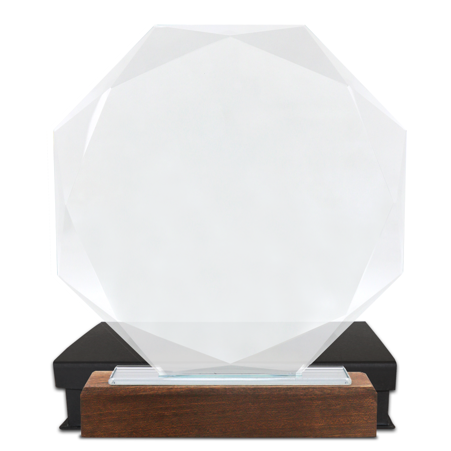 trophée en verre et bois forme octogone